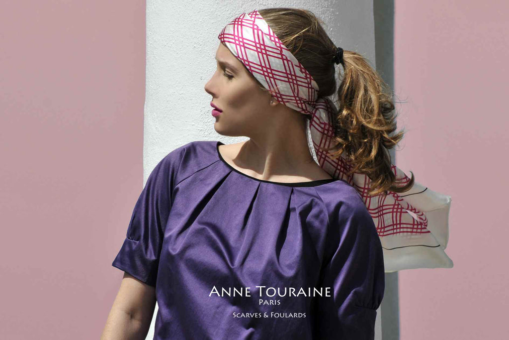 Extra large silk scarves by ANNE TOURAINE Paris™: pink and white silk satin scarf tied a headband
