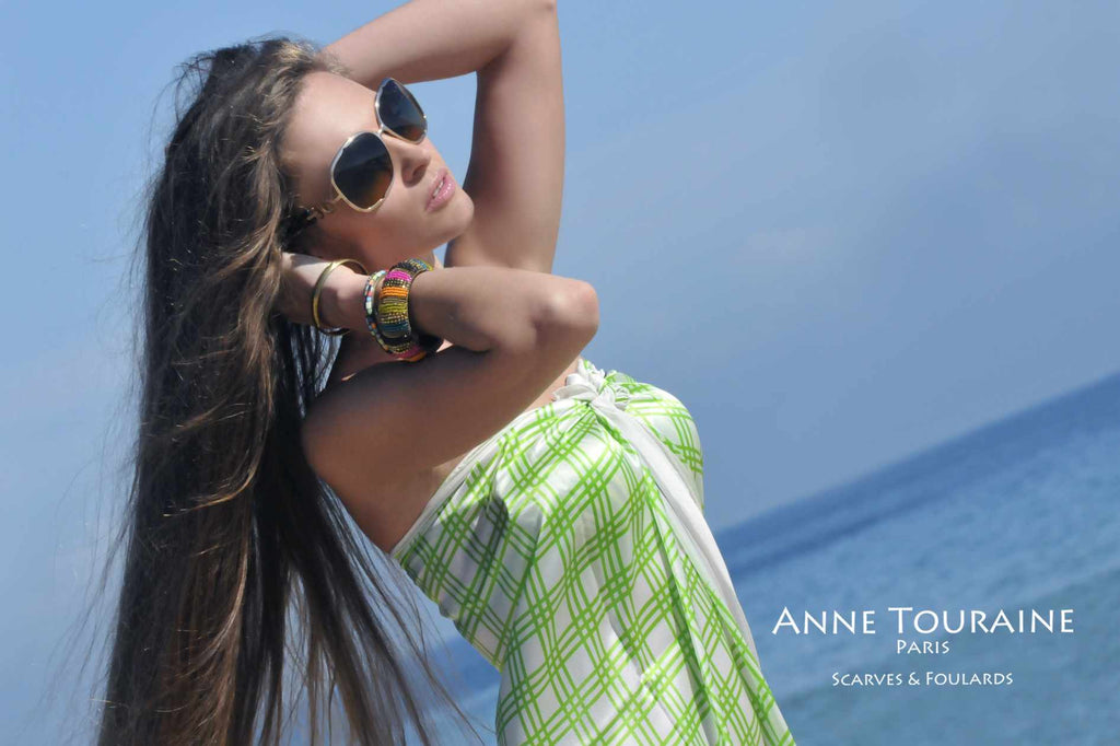 Extra large silk scarves by ANNE TOURAINE Paris™: green and white silk satin scarf as a summer cover up
