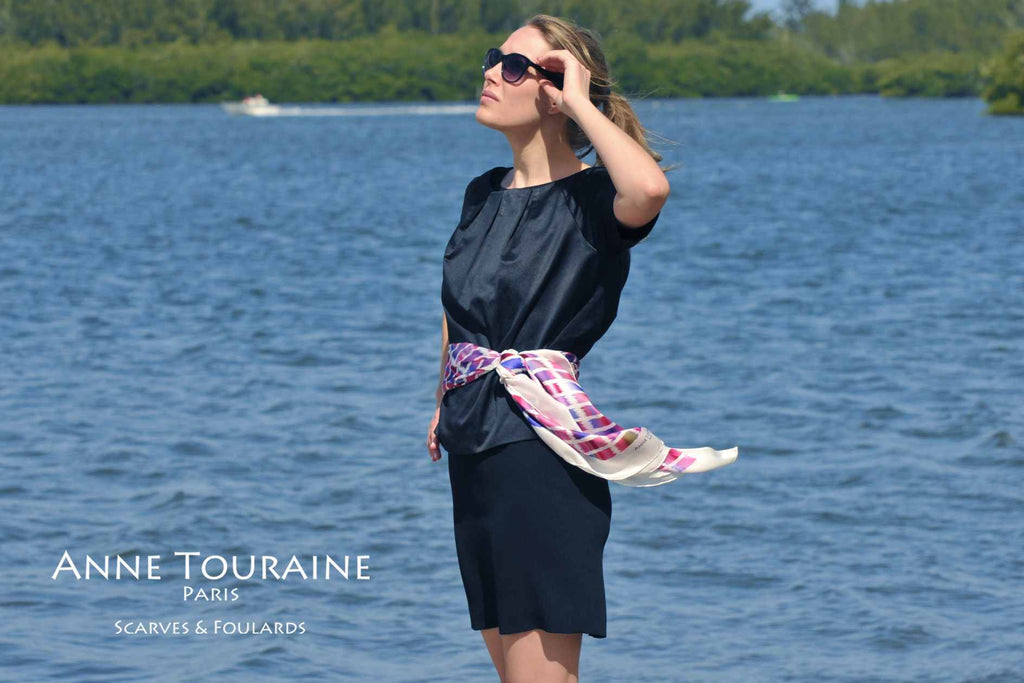 Extra large silk scarves by ANNE TOURAINE Paris™: pink and blue silk satin scarf tied as flowing belt