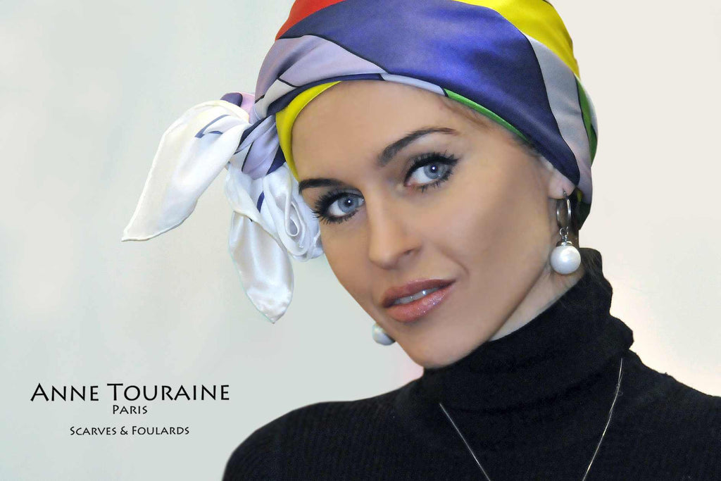 Extra large silk scarves by ANNE TOURAINE Paris™: multicolor silk satin scarf tied as large headband