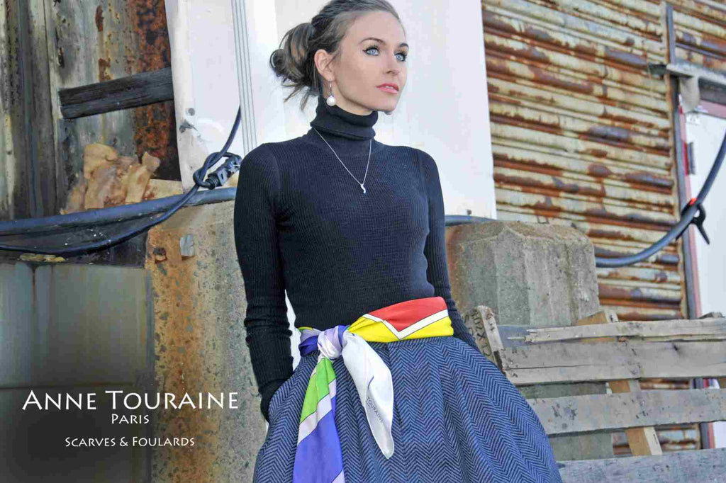 Extra large silk scarves by ANNE TOURAINE Paris™: multicolor silk satin scarf as a fancy belt