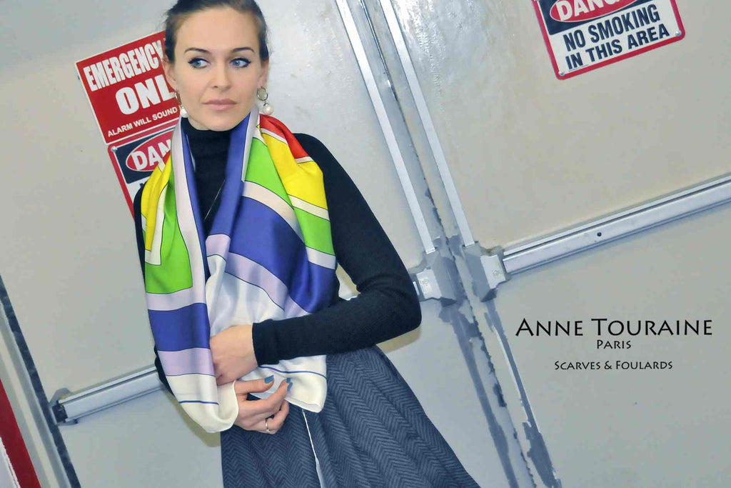 Extra large silk scarves by ANNE TOURAINE Paris™: multicolor silk satin scarf worn loose around the neck