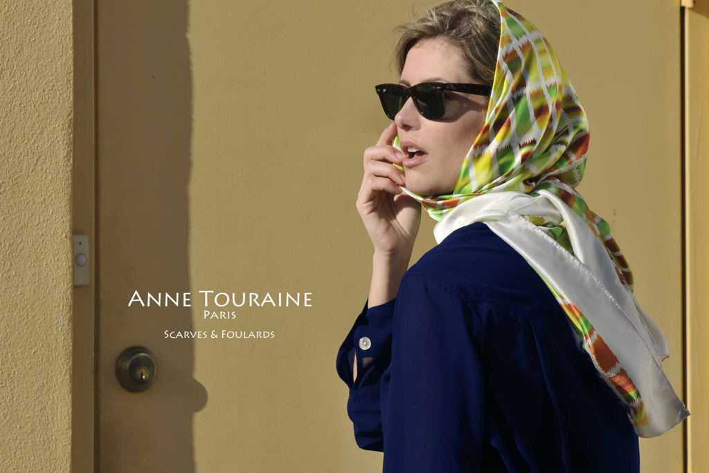 Extra large silk scarves by ANNE TOURAINE Paris™: green and brown silk satin scarf tied a headscarf