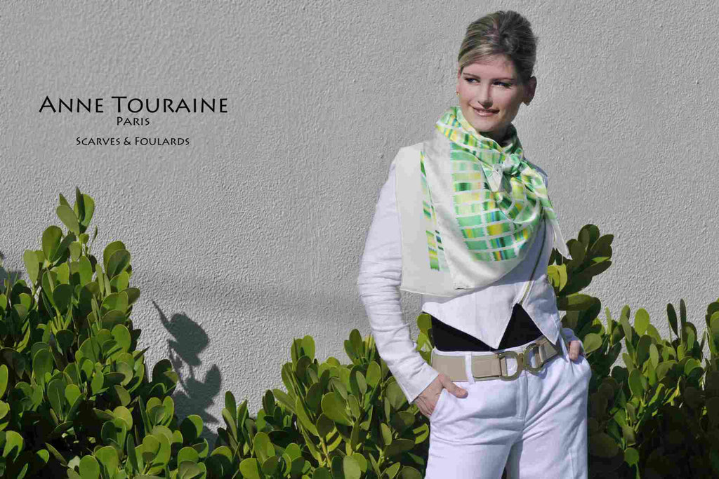 Extra large silk scarves by ANNE TOURAINE Paris™: green and yellow silk satin scarf tied as a large kerchief
