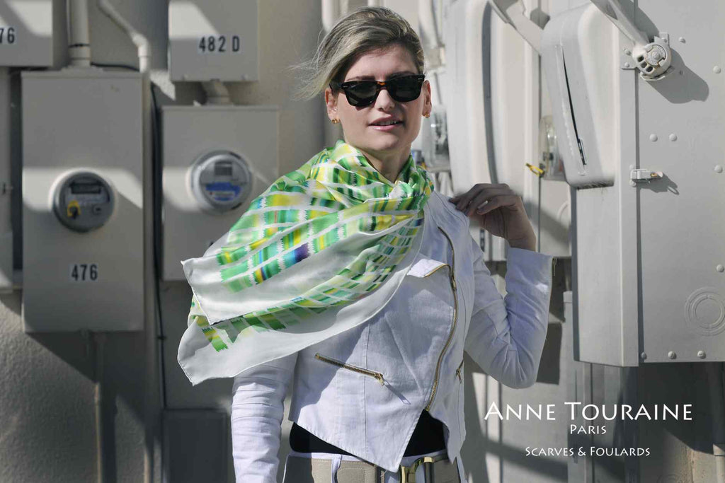Extra large silk scarves by ANNE TOURAINE Paris™: green and yellow silk satin scarf as a casual shoulder wrap