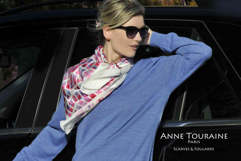 Extra large silk scarves by ANNE TOURAINE Paris™: pink and blue silk satin scarf tied to the front