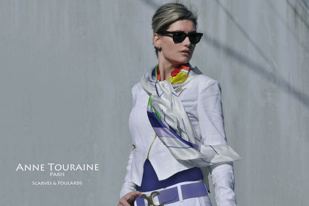 Extra large silk scarves by ANNE TOURAINE Paris™: multicolor silk satin scarf tied loose to the front