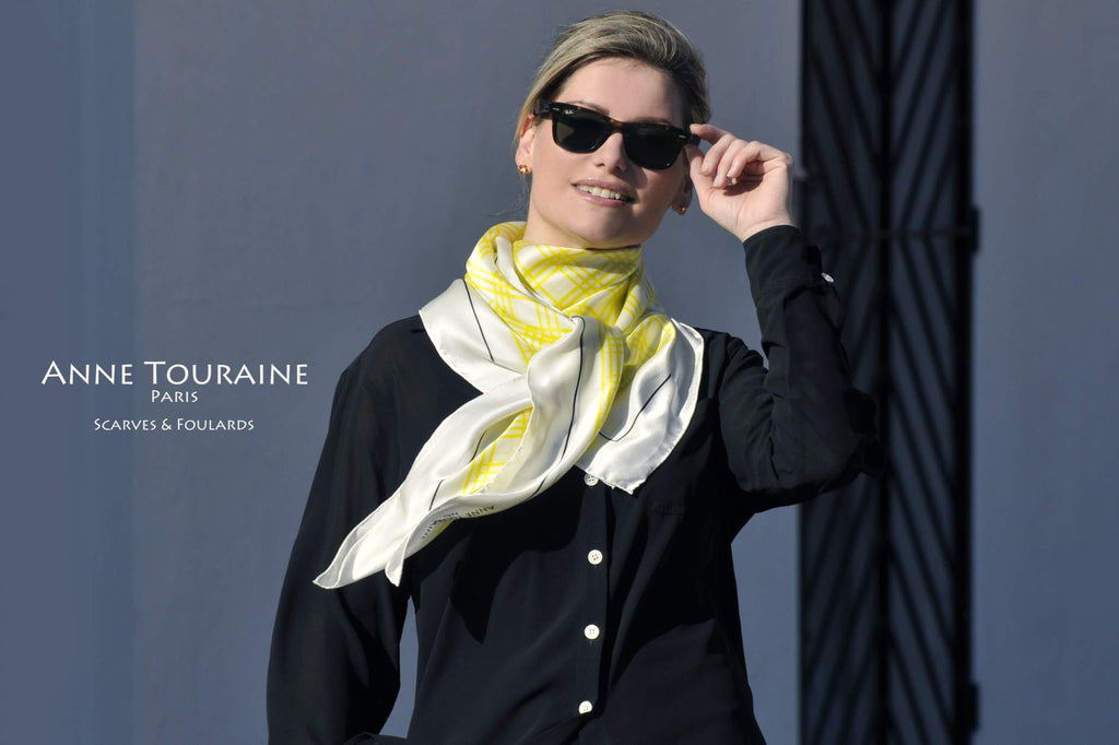 Extra large silk scarves by ANNE TOURAINE Paris™: yellow and white silk satin scarf tied to the front as a large kerchief