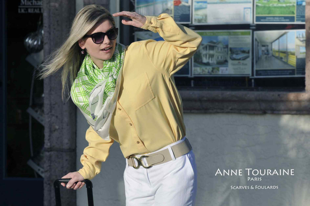 Extra large silk scarves by ANNE TOURAINE Paris™: green and white silk satin scarf tied as large kerchief