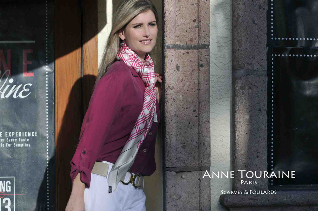 Extra large silk scarves by ANNE TOURAINE Paris™: pink and white satin silk scarf tied European loop way. 