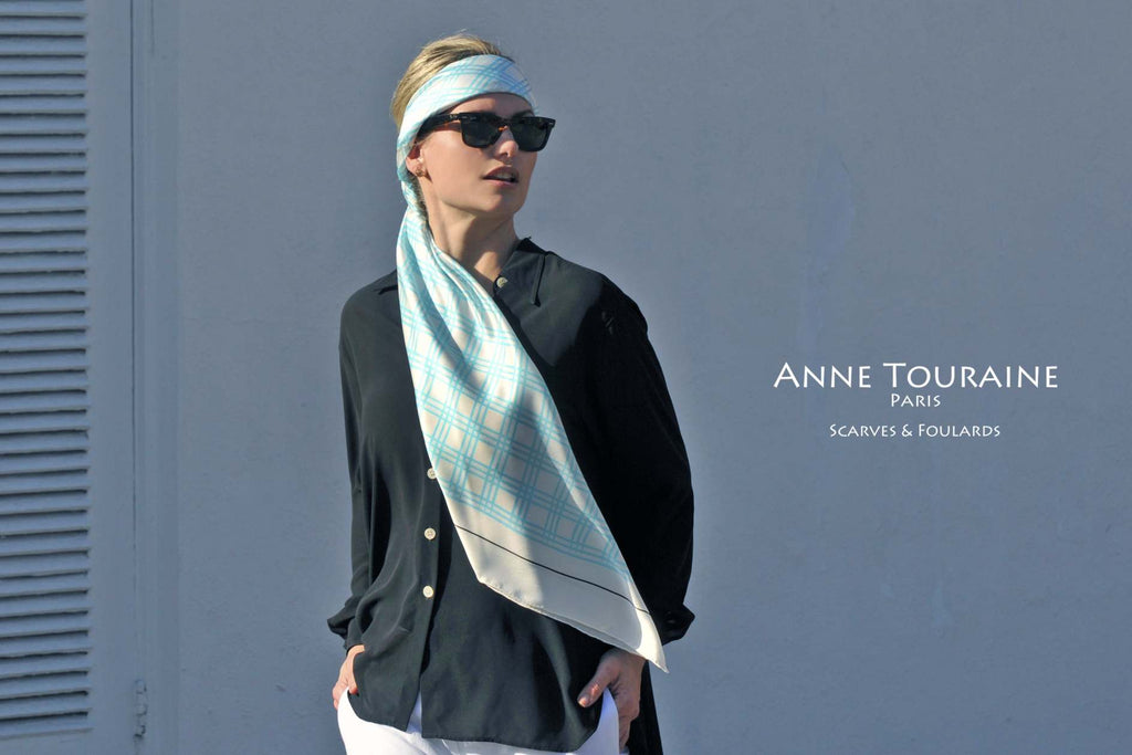 Extra large silk scarves by ANNE TOURAINE Paris™: blue and white silk satin scarf tied as large and low headband