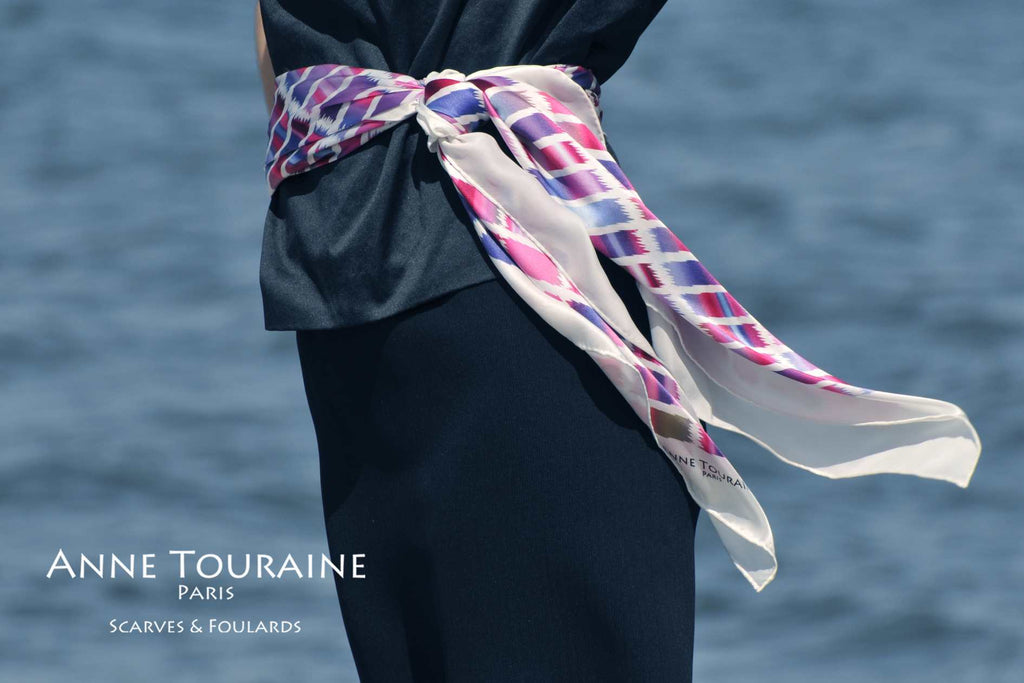 Extra large silk scarves by ANNE TOURAINE Paris™: pink and blue silk satin scarf tied as striking belt