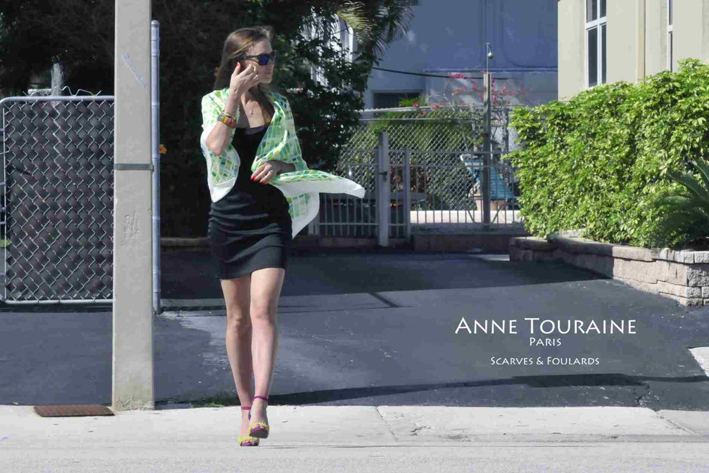 Extra large silk scarves by ANNE TOURAINE Paris™: green and white silk satin scarf tied as shawl