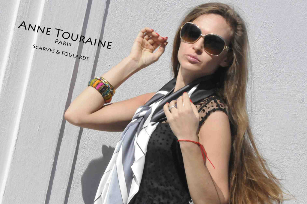 Extra large silk scarves by ANNE TOURAINE Paris™: black and white silk satin scarf as a loose neck scarf