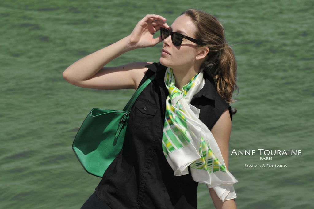 Extra large silk scarves by ANNE TOURAINE Paris™: yellow and green silk satin scarf tied with a simple knot around the neck