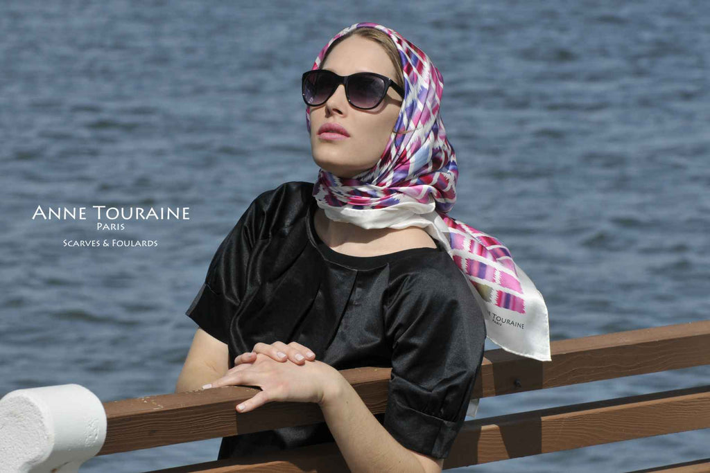 Extra large silk scarves by ANNE TOURAINE Paris™: pink and blue silk satin scarf tied as a summer headscarf