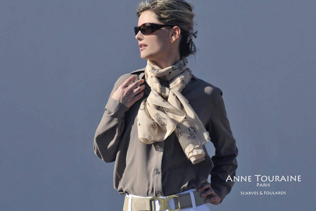 Chiffon silk scarves by ANNE TOURAINE Paris™: Beige dog pattern scarf, double wrap around the neck