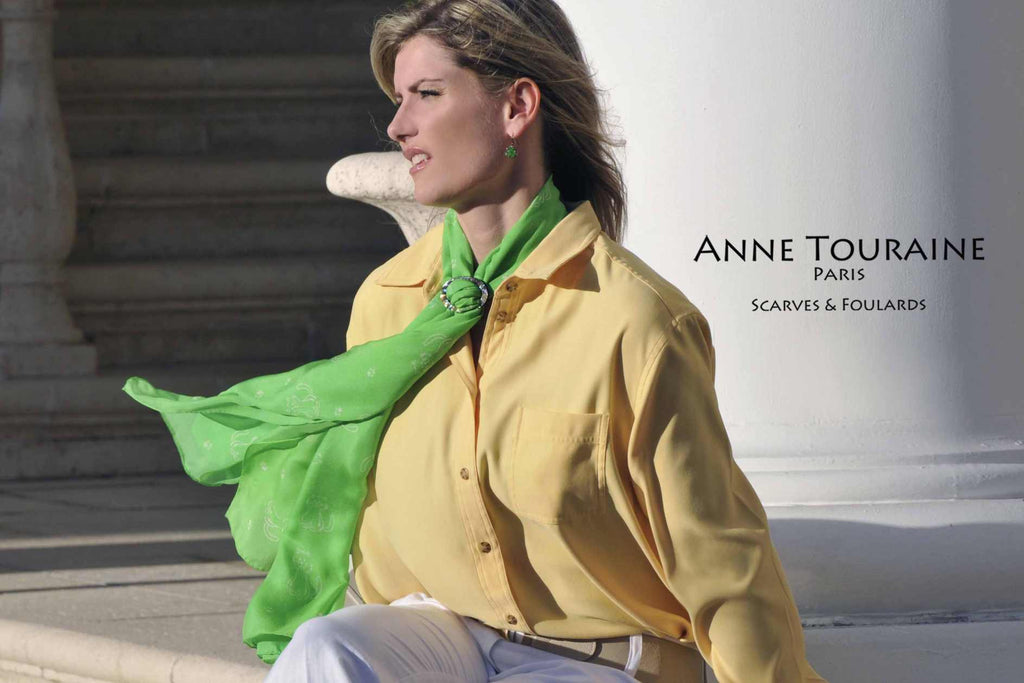 Chiffon silk scarves by ANNE TOURAINE Paris™: green cat pattern scarf European loop tied with a paua shell scarf ring