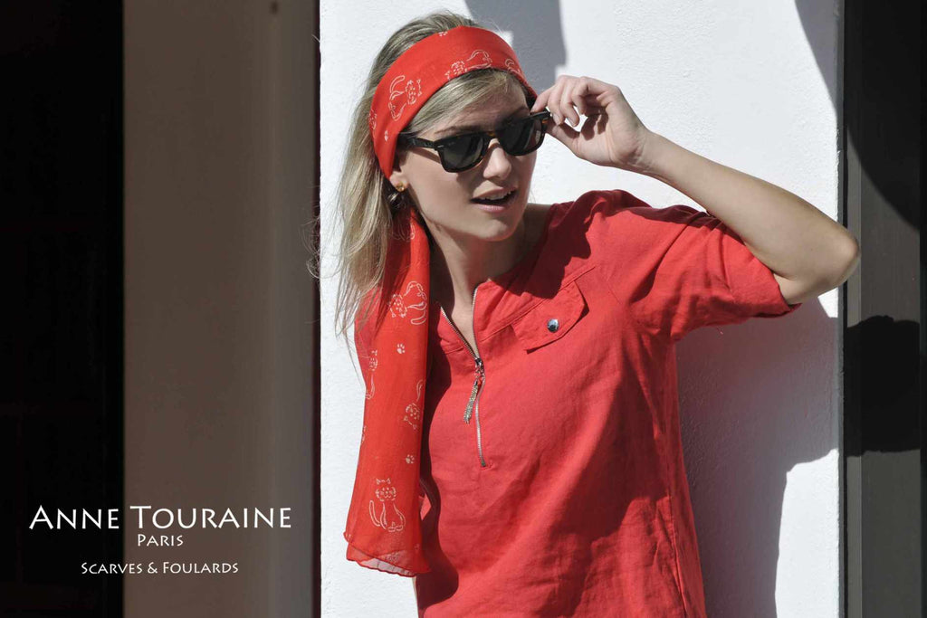 Chiffon silk scarves by ANNE TOURAINE Paris™: red cat pattern scarf as a long headband