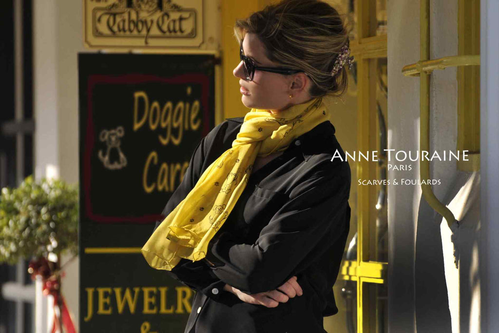 Chiffon silk scarves by ANNE TOURAINE Paris™: yellow dog pattern scarf European loop