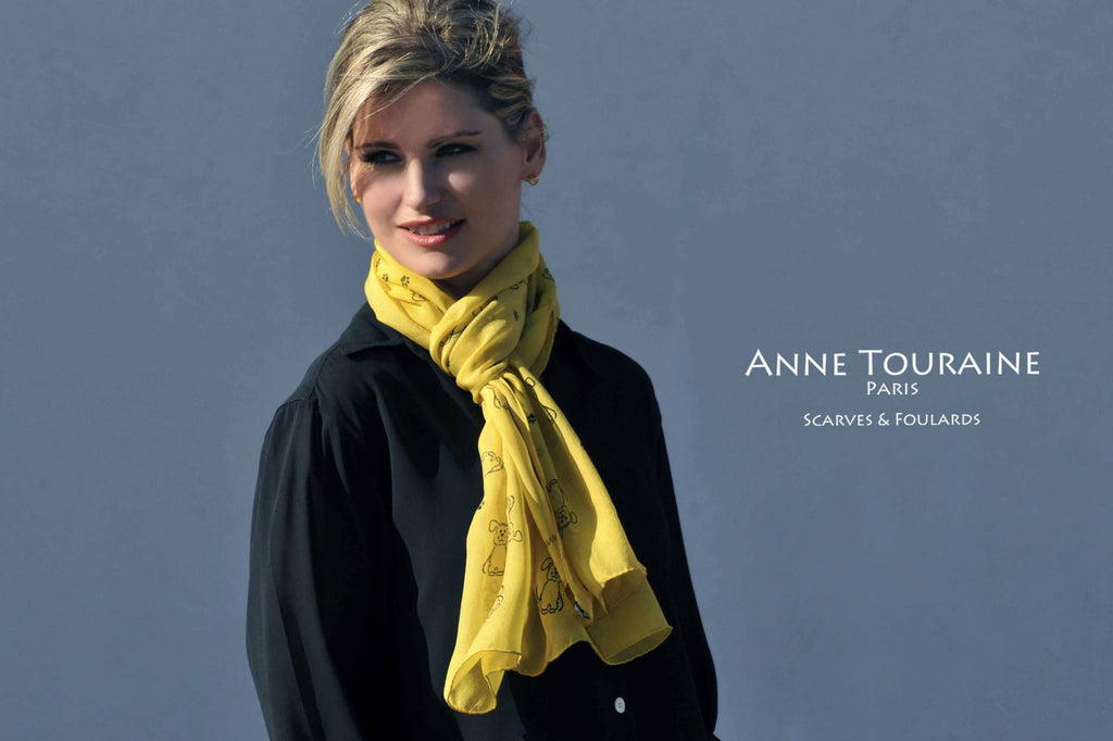 Chiffon silk scarves by ANNE TOURAINE Paris™: yellow dog pattern scarf European loop 