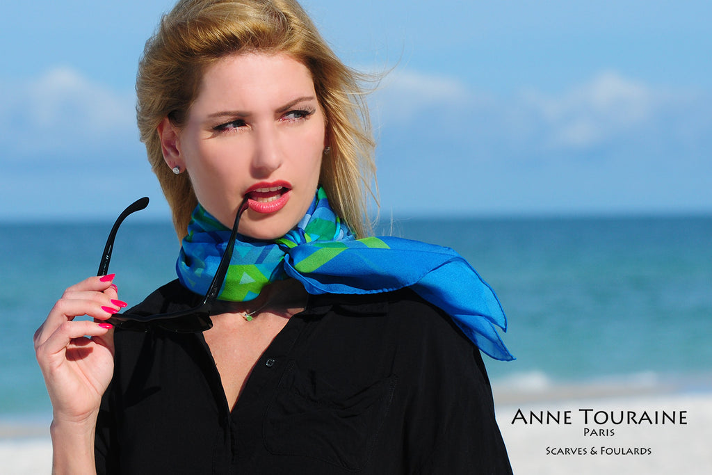 Extra large silk chiffon scarves by ANNE TOURAINE Paris™: green and blue looped twice around the neck and tied to the front