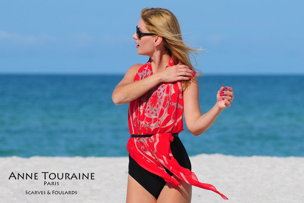 Extra large silk chiffon scarves by ANNE TOURAINE Paris™: red scarf tied as a halter top under a belt