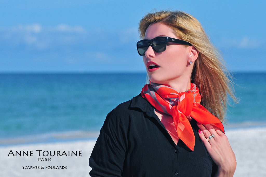 Extra large silk chiffon scarves by ANNE TOURAINE Paris™: orange scarf tied as a fluffy neck scarf