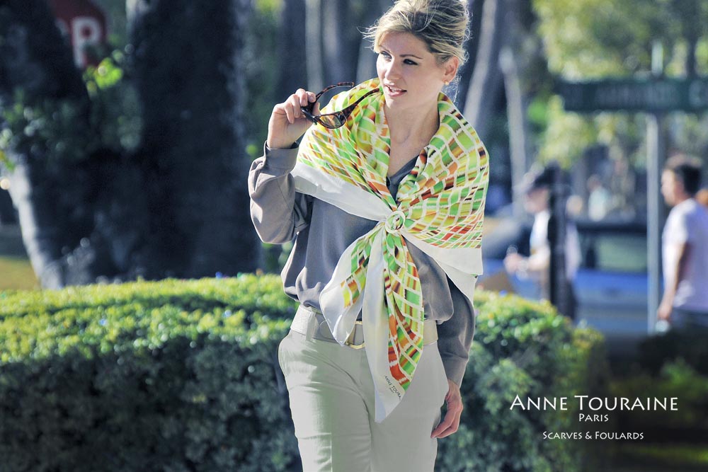 Extra large silk scarves by ANNE TOURAINE Paris™: green and brown silk satin scarf tied as a shoulder wrap