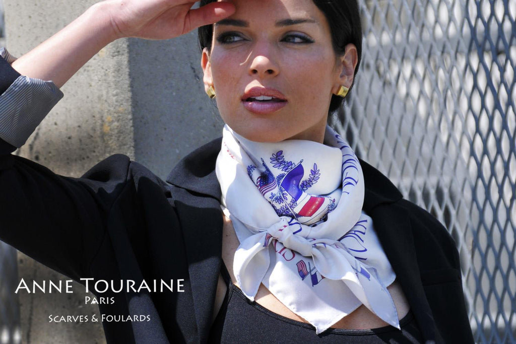 French silk scarves by ANNE TOURAINE Paris™: Paris New York white scarf tied as a fluffy neck scarf