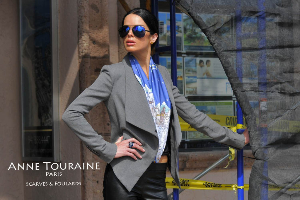French silk scarves by ANNE TOURAINE Paris™: Russia inspired blue scarf tucked into a pair of leather pants