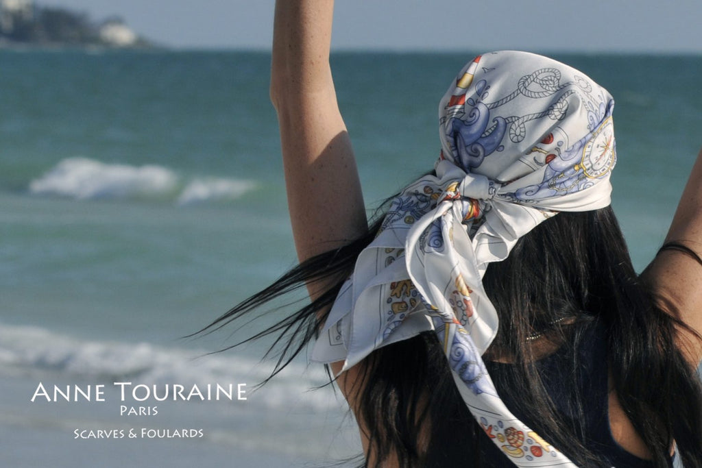 French silk scarves by ANNE TOURAINE Paris™: Nautical grey scarf as an elegant pirate headscarf