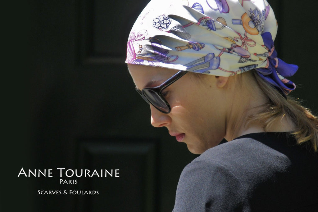 French silk scarves by ANNE TOURAINE Paris™: Blue and white Fashion Accessories scarf tied as a mini pirate headscarf