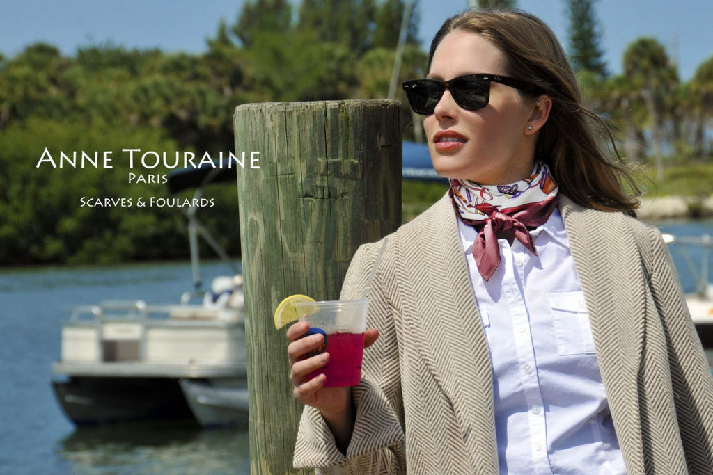 French silk scarves by ANNE TOURAINE Paris™: burgundy and white Fashion Accessory scarf as a tight neck scarf