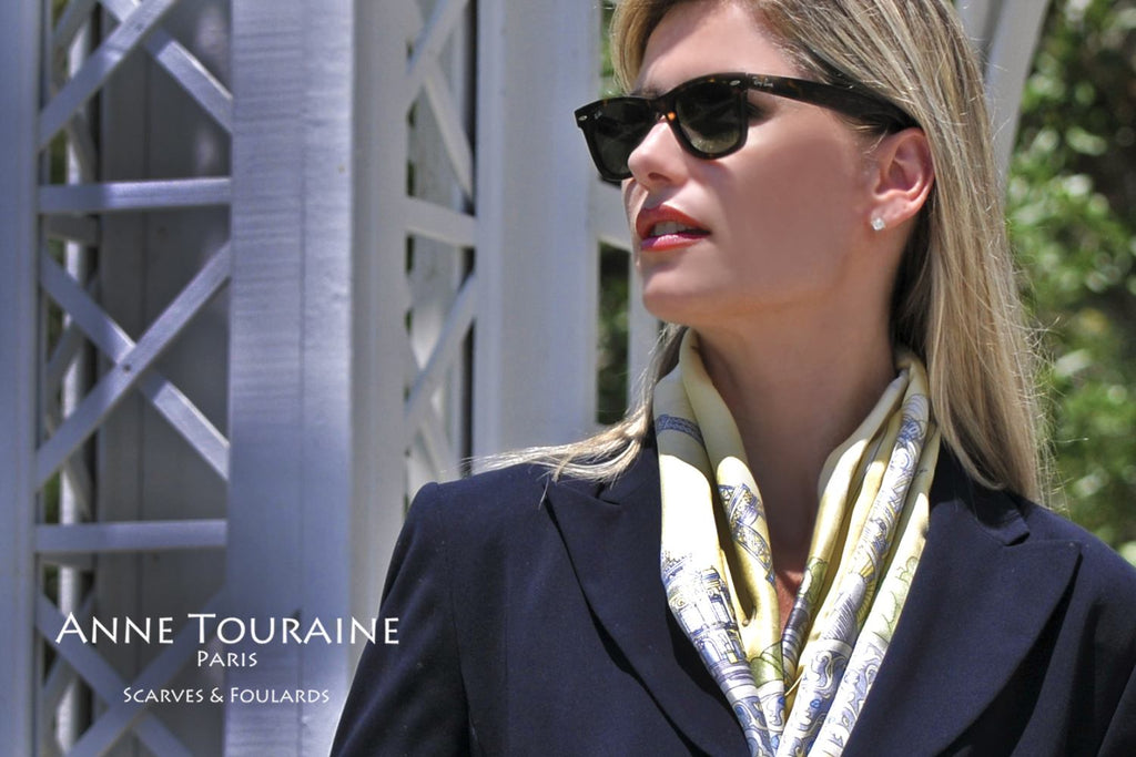 French silk scarves by ANNE TOURAINE Paris™: Paris inspired yellow scarf to accent the lapels of a coat or a jacket 