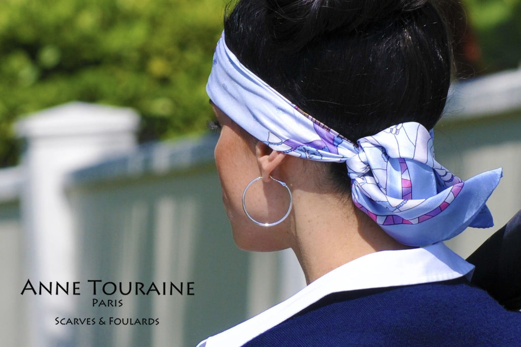 French silk scarves by ANNE TOURAINE Paris™: Russia inspired blue scarf tied as narrow headband 