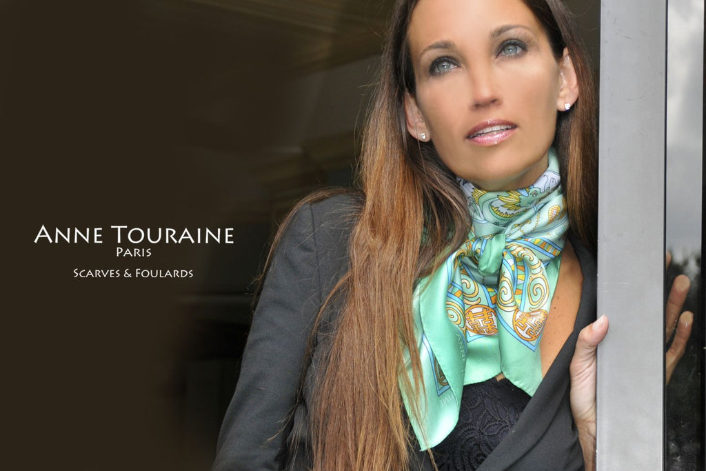 French silk scarves by ANNE TOURAINE Paris™: China inspired neon green scarf tied to the front