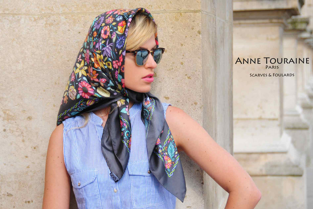 French silk scarves, Floral design in grey color, by ANNE TOURAINE Paris™, tied as a head scarf a la Jackie Kennedy