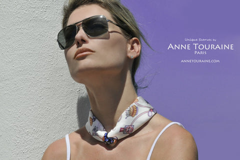 ANNE TOURAINE Paris™French silk scarves: fashion accessories design; white and blue color; tied loose with a ring around the neck.