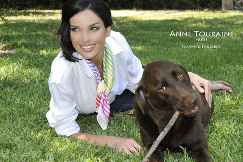 ANNE TOURAINE Paris™ French silk scarves: multicolored striped pattern; tied as a loose neckscarf