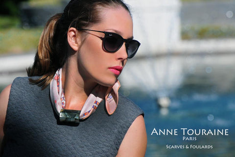 ANNE TOURAINE Paris™ French silk scarves: Russia inspired design; tied as a neck scarf with a scarf pendant