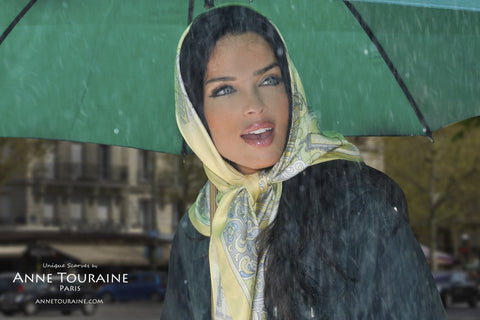 Yellow Paris silk scarf by ANNE TOURAINE Paris™ tied as a headscarf