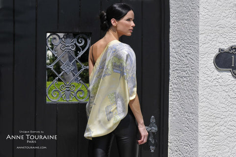 ANNE TOURAINE Paris™ French silk scarves: Paris inspired design; yellow color; tied as a stunning shoulder wrap