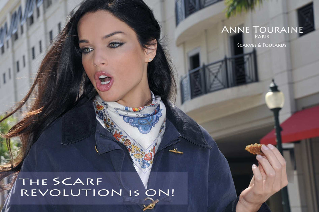 French silk scarves, Nautical design in white color, by ANNE TOURAINE Paris™, tied as a neck bandana