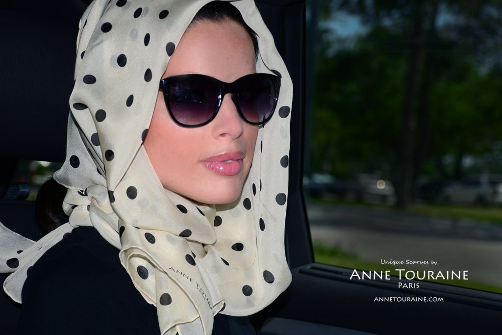  Chiffon silk scarves by ANNE TOURAINE Paris™: beige polka dot scarf as a loose headscarf