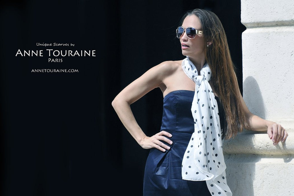 Chiffon silk scarves by ANNE TOURAINE Paris™: white polka dot scarf tied as a loose neck scarf
