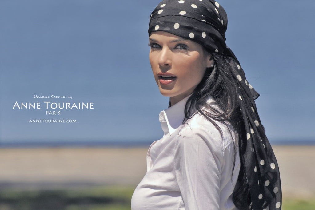 Chiffon silk scarves by ANNE TOURAINE Paris™: black polka dot scarf tied as a pirate headscarf