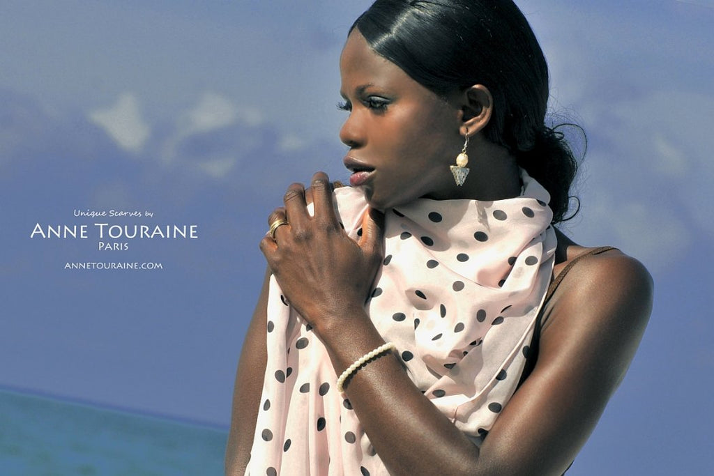 Chiffon silk scarves by ANNE TOURAINE Paris™: pink polka dot scarf draped to the front