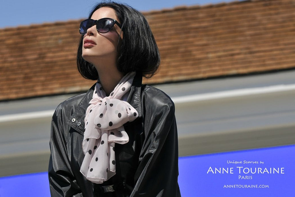 Chiffon silk scarves by ANNE TOURAINE Paris™: pink polka dot scarf tied with a front fluffy bow