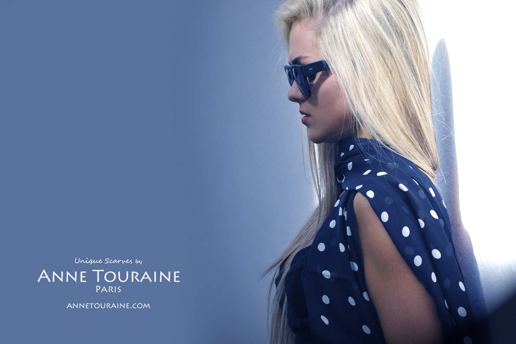 Chiffon silk scarves by ANNE TOURAINE Paris™: black polka dot scarf with one end to the front and the other end to the back